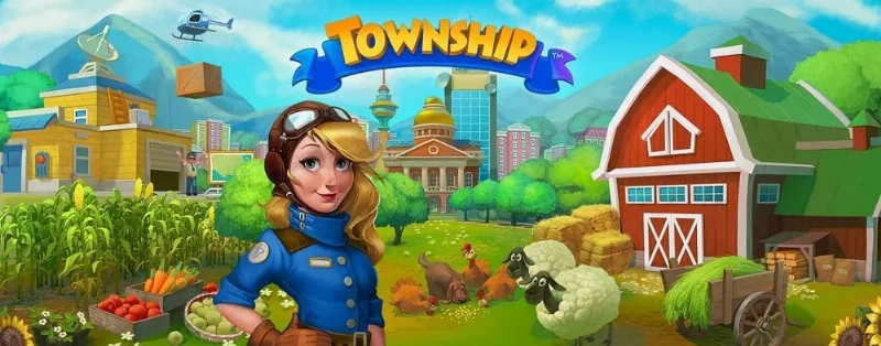 Township in-game screenshot showcasing various buildings and farmlands.