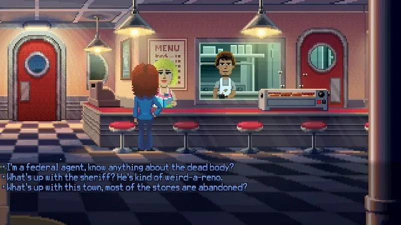 Two characters from Thimbleweed Park stand in a pixelated hotel lobby.