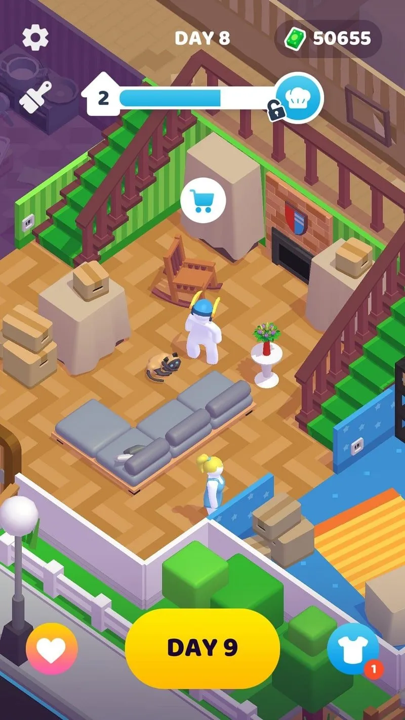 Upgrading a house in Staff! Job Game using unlimited money.