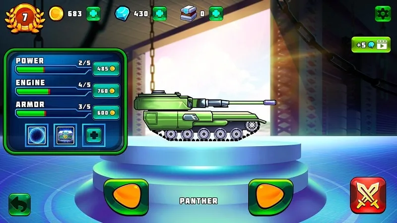 Upgrading and customizing tanks in the game garage.