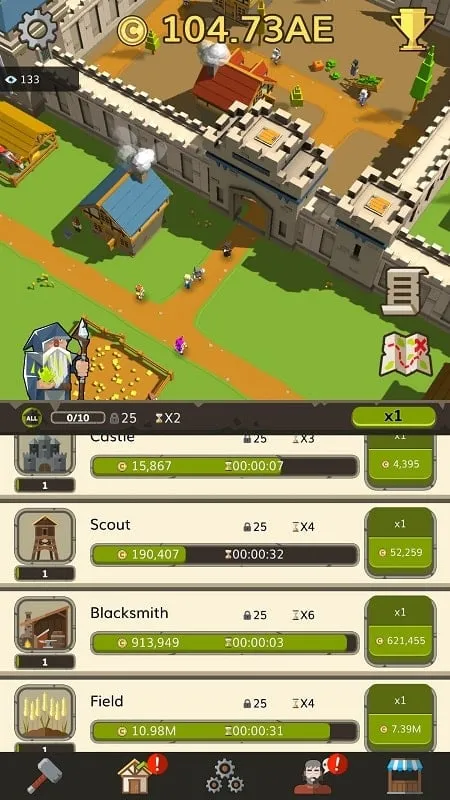 Upgrading buildings in the Medieval Idle Tycoon game.