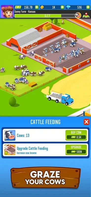 Upgrading facilities in Milk Farm Tycoon using the mod menu.