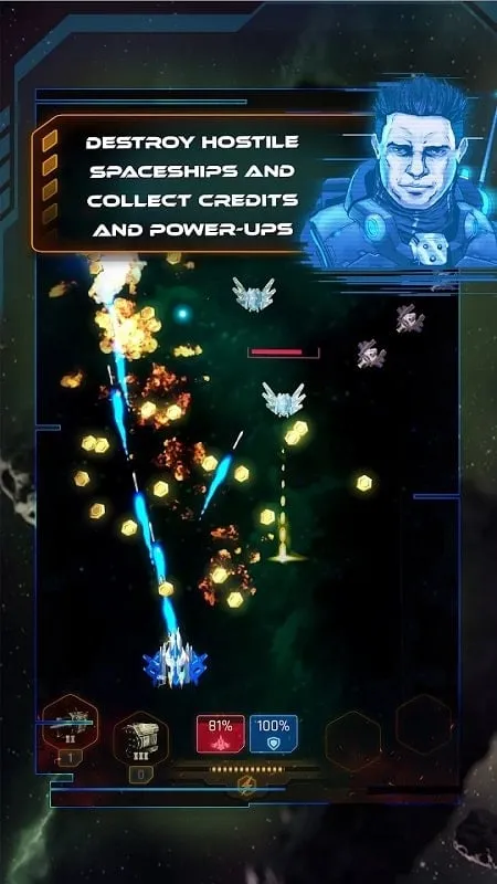 Upgrading spaceship weapons and shields in Galaxy Splitter with the MOD APK.