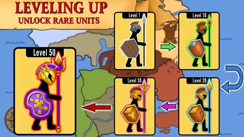 Upgrading units in Stickman Battle with unlimited money.