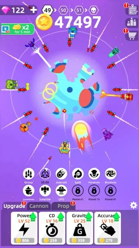 Upgrading weapons in Planet Smash mod apk.