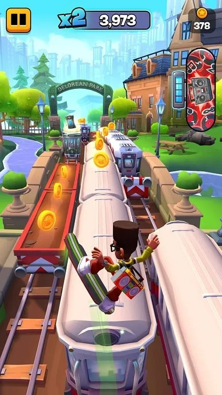 Using a hoverboard in Subway Surfers City MOD APK.