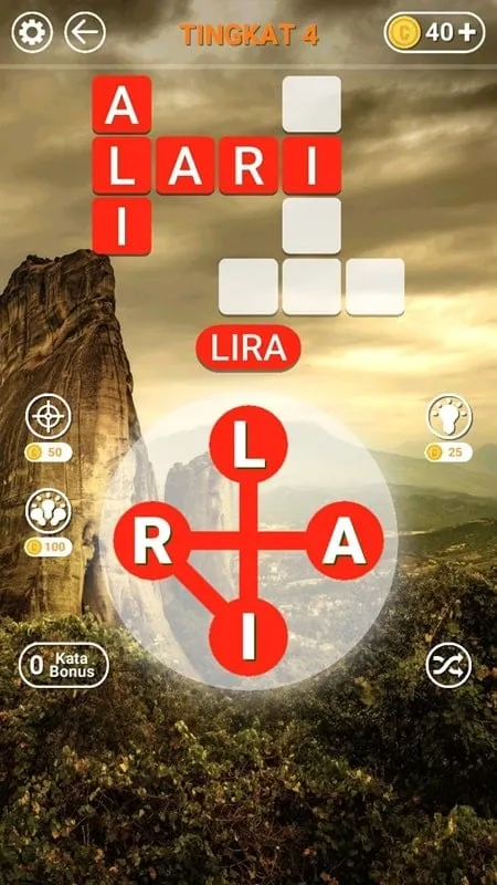 Using the Auto Clear Feature to solve a word puzzle in the Indonesian Word Puzzle MOD APK