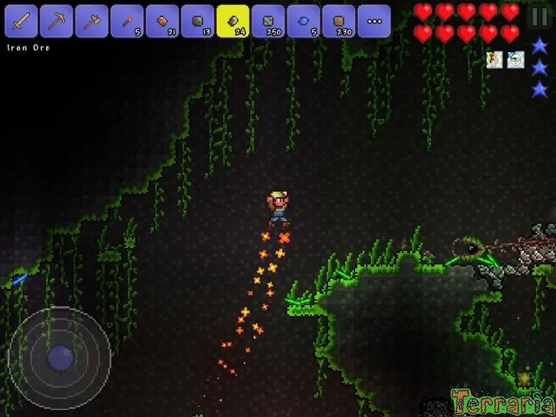 Utilizing the unlimited items feature in the Terraria mod.