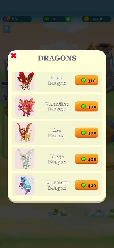 Variety of dragons available in Dragon Castle.