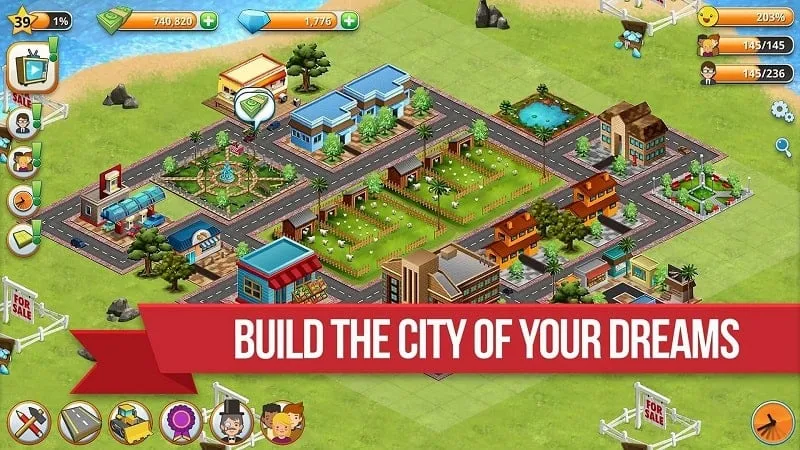 Various buildings and structures available in Village Island City Simulation.