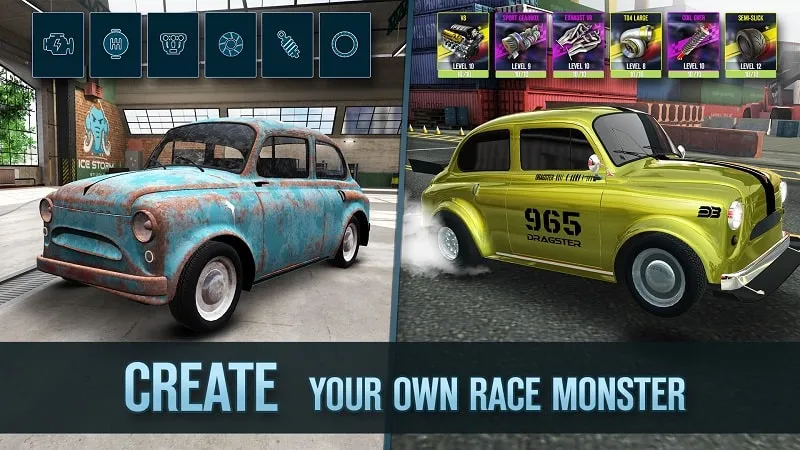 Various car models available in Drag Battle 2's garage.