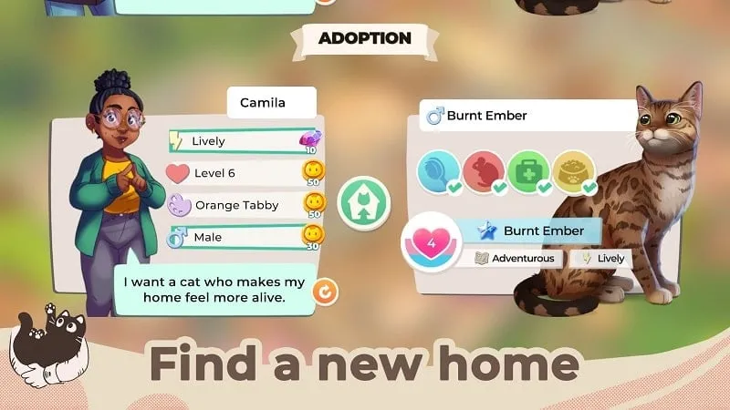 Various cat breeds available in the Cat Rescue Story mod.