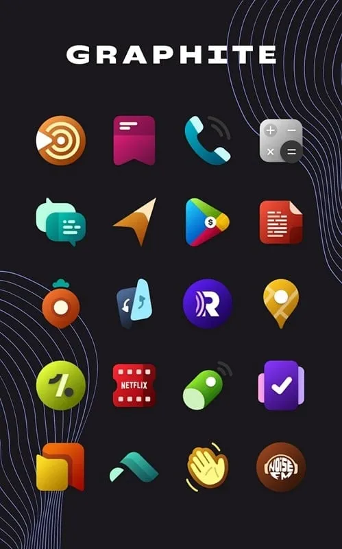 Various icons and wallpapers within the Graphite Icon Pack app