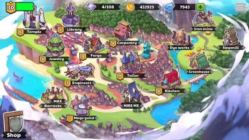 Various locations on the island in Waifu Shop, including Temple, Jewelry, Engineers, Barracks, and more, each with unique functions and upgrade possibilities.