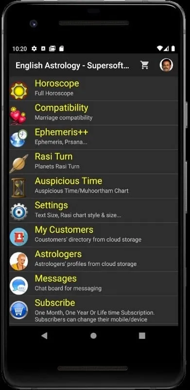 Vedic Astrology English mod interface showing premium features