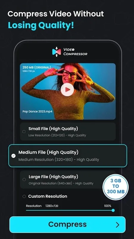 Video Compressor mod interface showing premium features