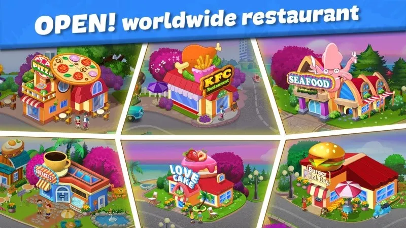 Visual representation of the expanded restaurant view in Food Voyage showcasing multiple branches and global expansion achieved through using the mod.