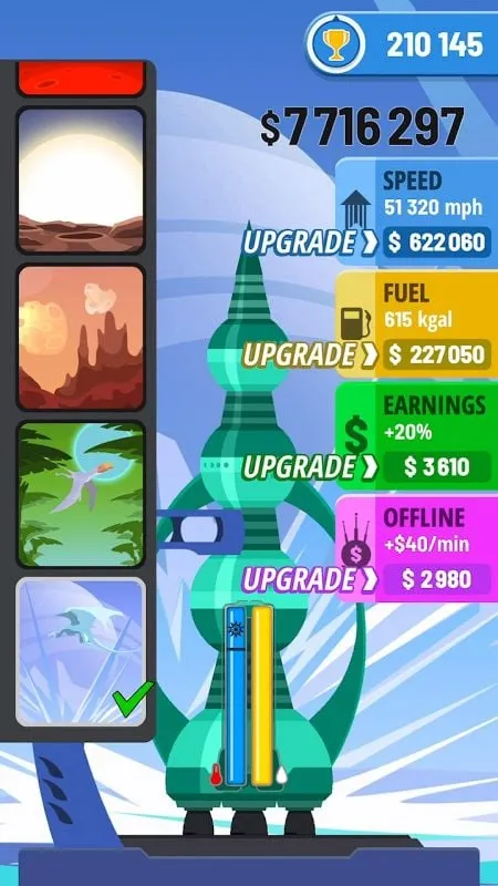 Visual representation of the rocket upgrade parameters in Rocket Sky!