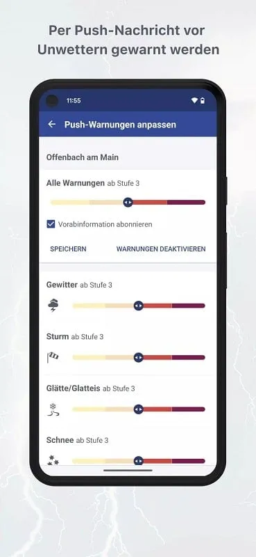 WarnWetter displaying severe weather warnings with detailed information