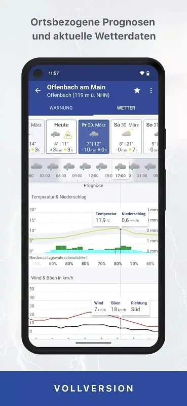 WarnWetter mod showing a video representation of weather patterns with a map