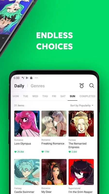 WEBTOON mod highlighting different genres