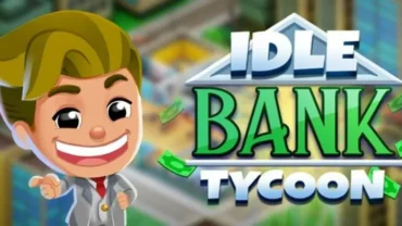 Welcome screen of Idle Bank Tycoon displaying the bank exterior and interface options.