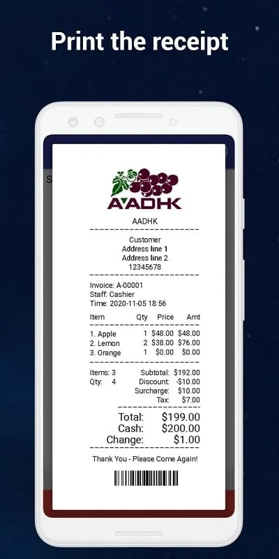 WO POS mod apk demonstrating invoice creation