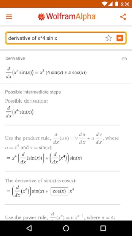 WolframAlpha displaying complex mathematical formulas