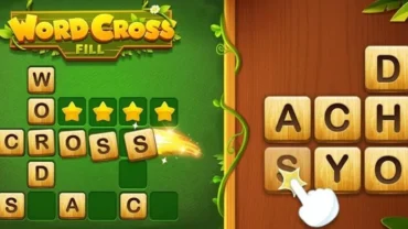 Word Cross game interface showcasing the crossword puzzle and available letter tiles.