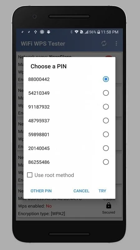 Wps Wpa Teste mod displaying network scan results