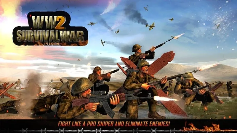 WW2 Survival Shooter gameplay screenshot showing a soldier aiming down the sights of a rifle.