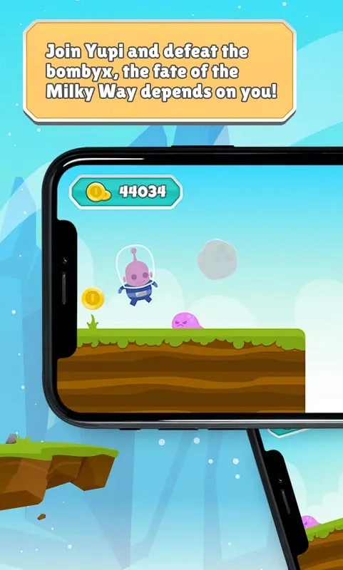 Yupi gameplay featuring obstacles and enemies.